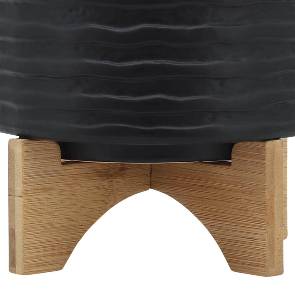 Black Ceramic Handmade Planter with Bamboo Wood Stand   8.0\