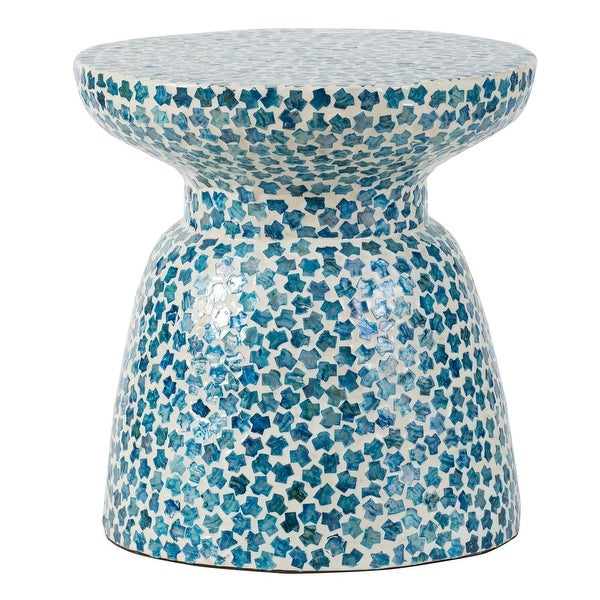 Ivy 16 Inch Round End Side Table， Bamboo Platform， Mosaic， Blue， White