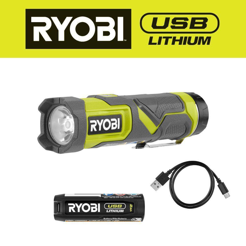 RYOBI 600 Lumens LED USB Lithium Compact Flashlight Kit 3-Mode with Battery and Charging Cable FVL51K