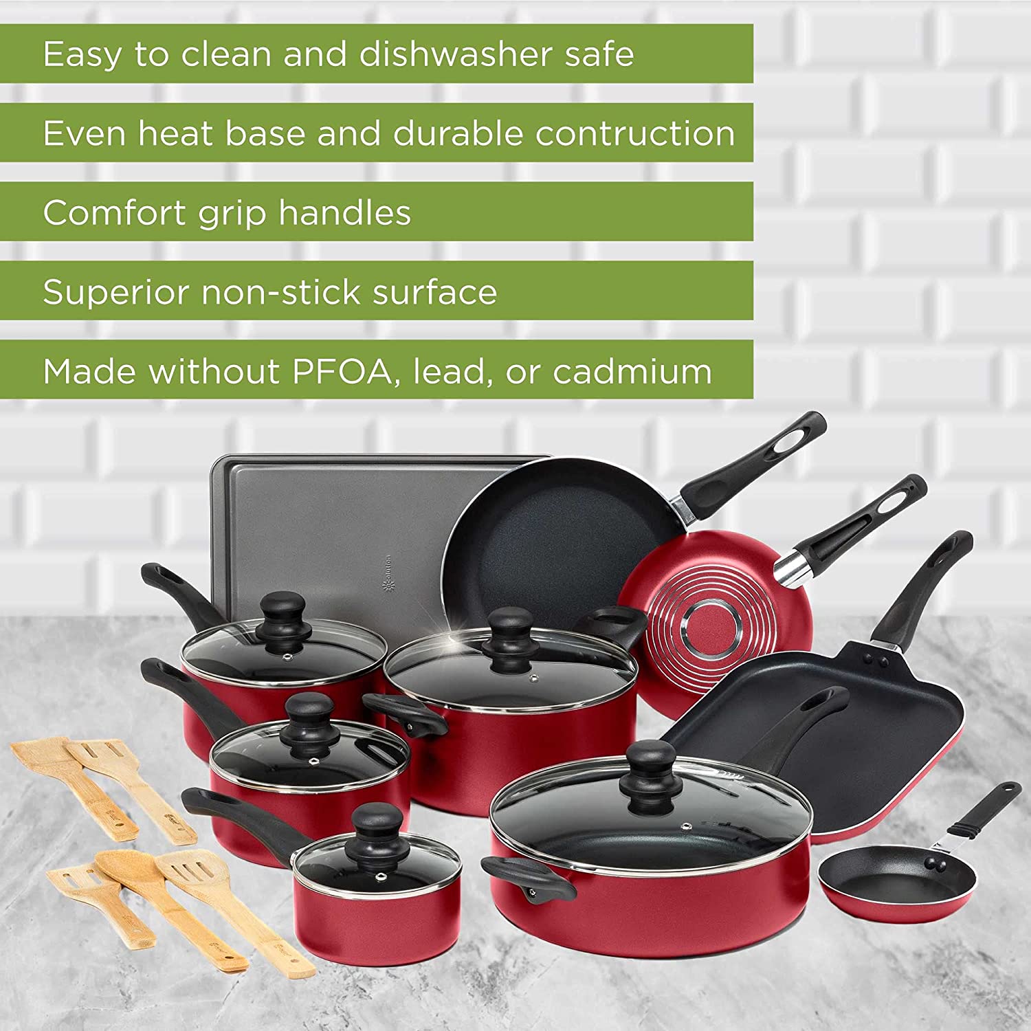 Nonstick Cookware Set, Features Kitchen Essentials, Bamboo Cooking Utensils Set, Vented Glass Lids, Ergonomic Grip Handles, Made without PFOA, Dishwasher Safe, 20-Piece, Red