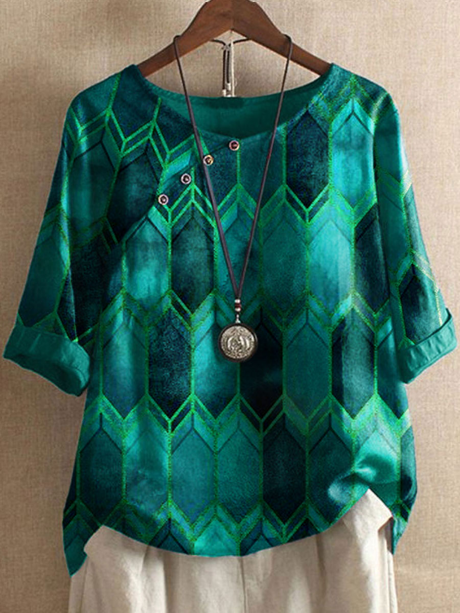 Round Neck Geometric Print Casual Fashion Blouse