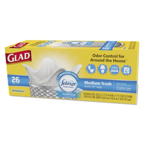 Glad OdorShield Medium Quick-Tie Trash Bags， 8 gal， 0.57 mil， 21.63