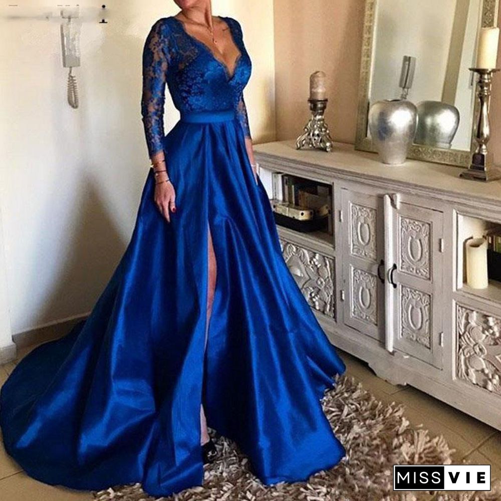 Elegantes Para Mujer Dress V Neck Lace Stitching Big Swing Split Royal Blue Evening Party Birthday OutfitFor Women Vestido