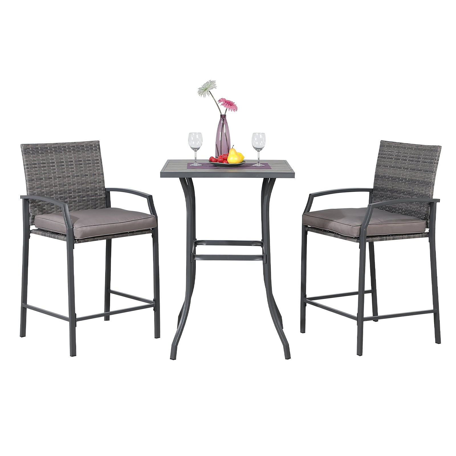 OC Orange-Casual Patio Bar Set， All-Weather Wicker， 2 Height Rattan Bar Stools with Wood Grain Top Coffee Table， for Porch， Garden， Bistro， Grey Cushion， 3-Piece