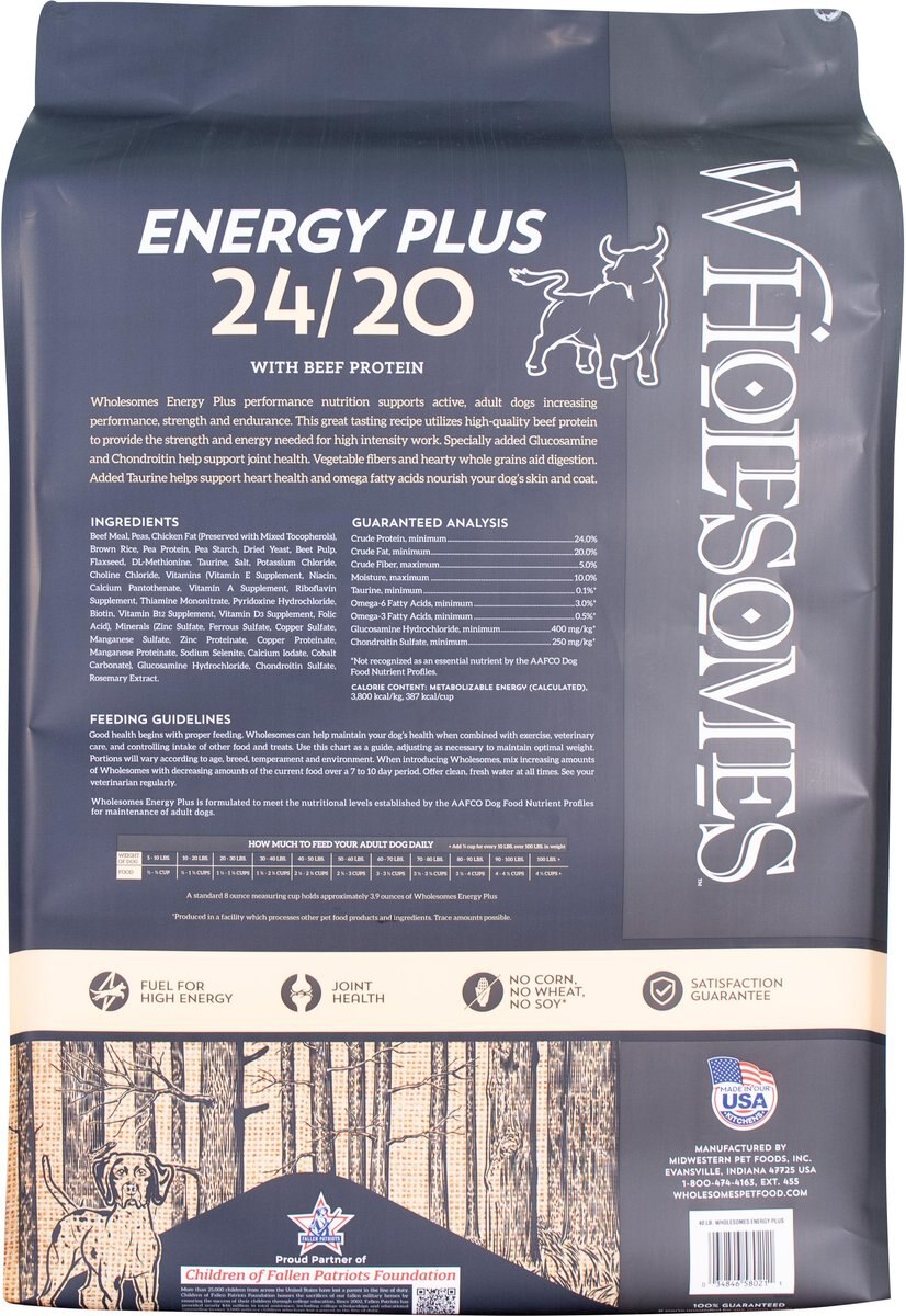 Wholesomes Energy Plus 24/20 Dry Dog Food， 40-lb bag