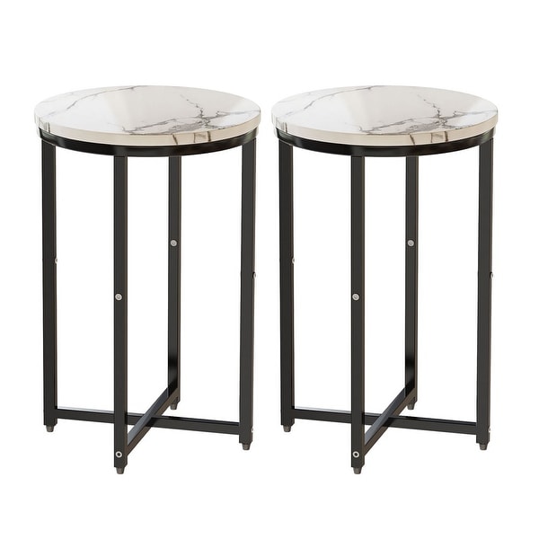 Round End Side Table with Faux Marble Top and Metal Frame， Set of 2