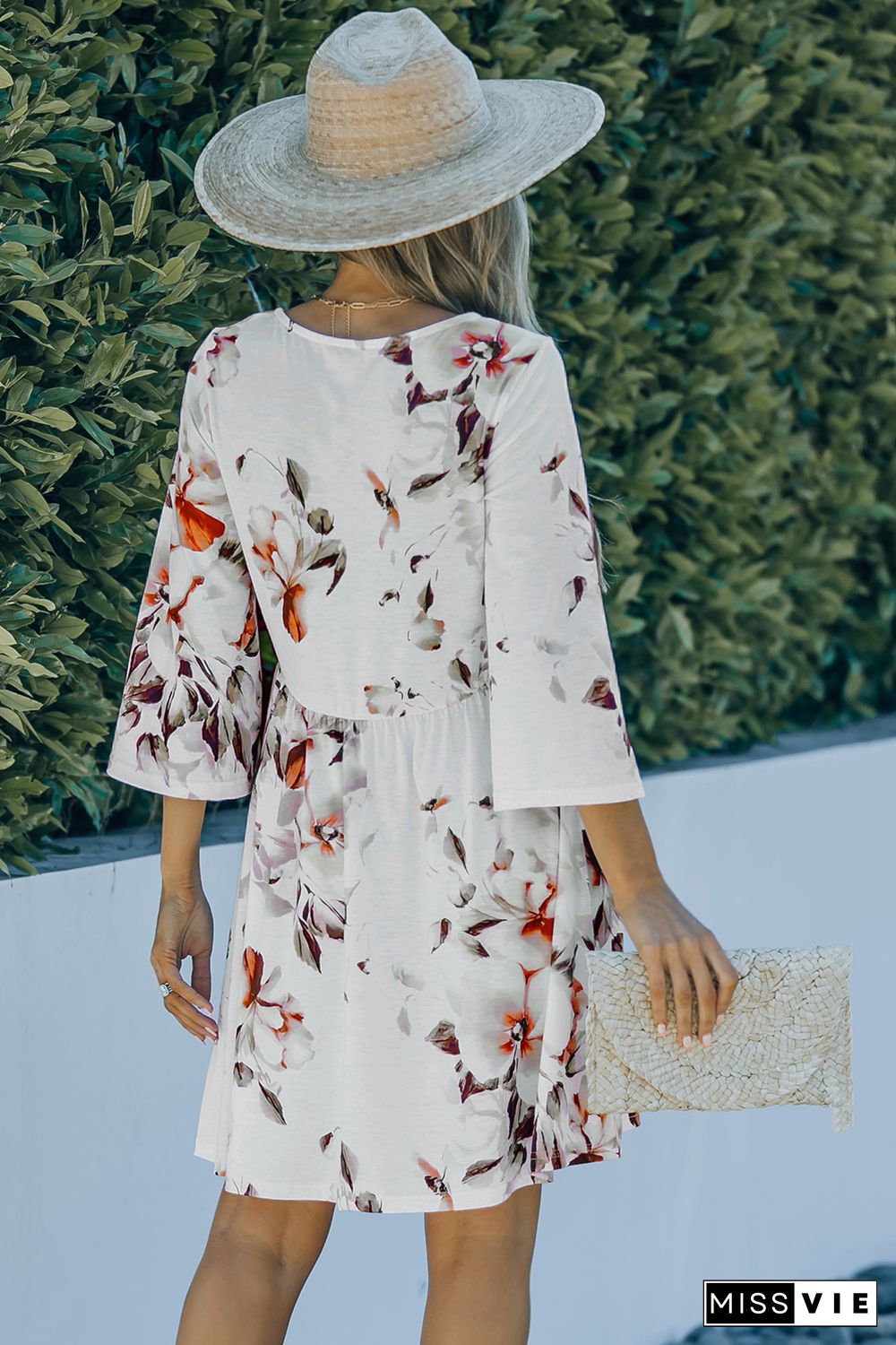 White V Neck 3/4 Sleeve Floral Dress