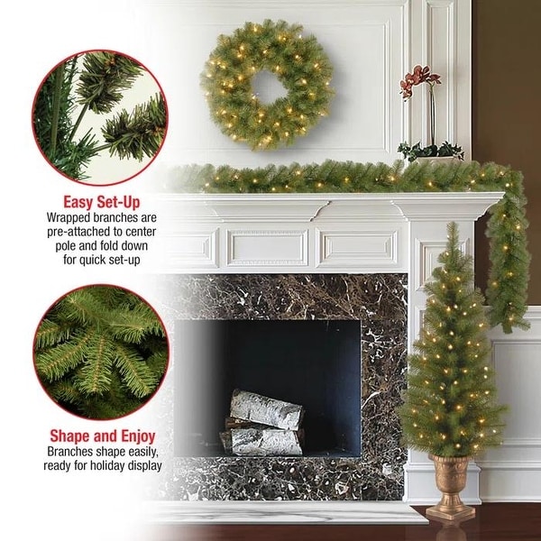 PreLit Holiday Christmas 4Piece Set with LED Lights，Christmas Garlands，Wreath and Set of 2 Entrance Trees