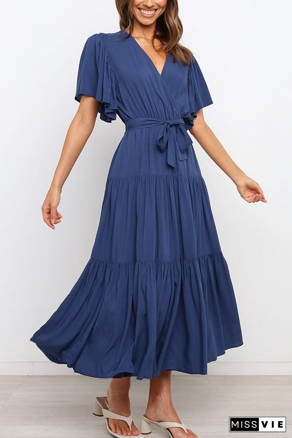 KarliDress Solid Ruffles Belted Maxi Dress P12790