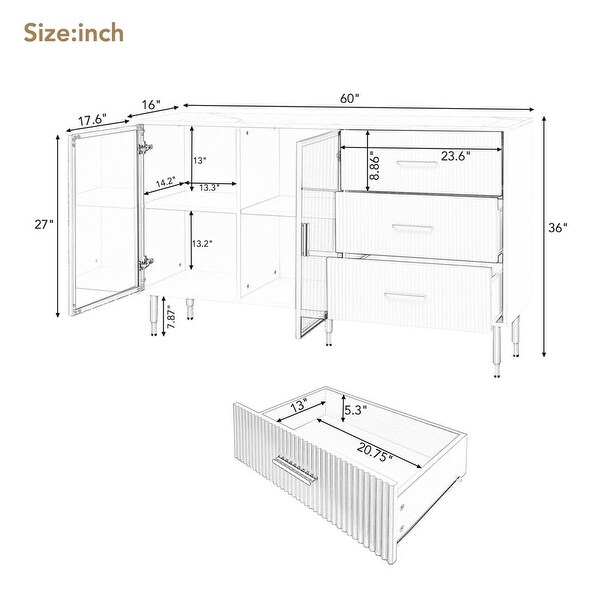 Wooden buffet cabinet sideboards with amber yellow tempered glass doors and 3 drawers