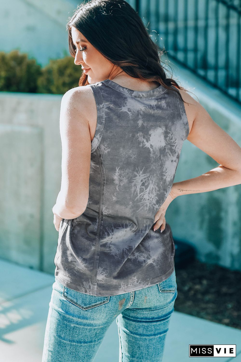 Gray Tie Dye Print Seamed Crew Neck Tank Top