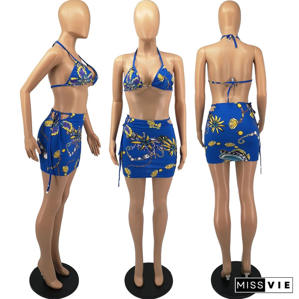 Summer Sexy Pattern Print Backless Halter Deep V Neck Bra Bodycon Mini Skirt Club Party 2 Piece Set