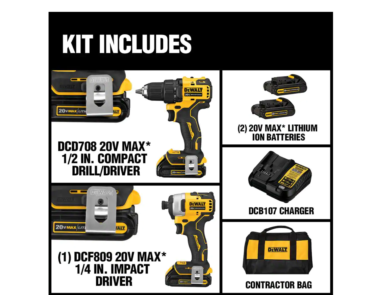 DEWALT DCK278C2 ATOMIC 20-Volt MAX Cordless Brushless Compact Drill/Impact Combo Kit (2-Tool) with (2) 1.3Ah Batteries， Charger and Bag