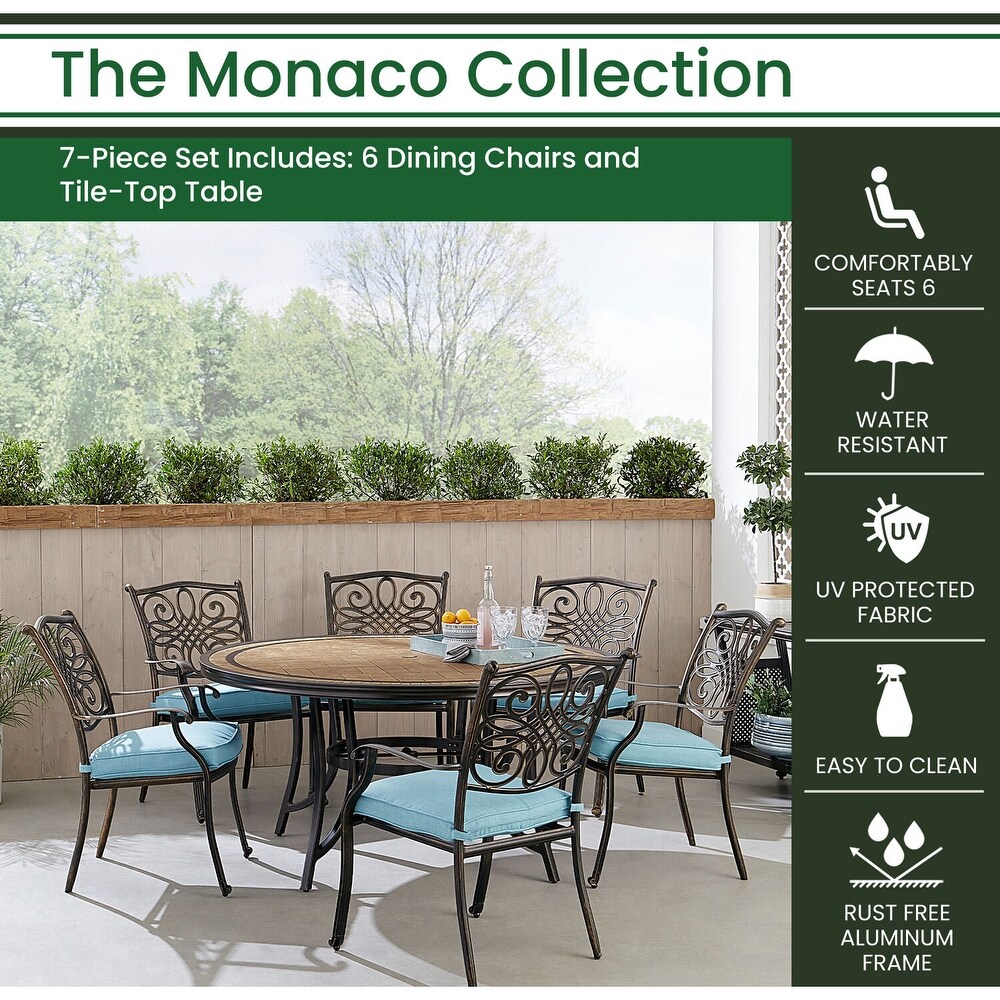 Hanover Monaco 7 Piece Dining Set in Blue with Six Dining Chairs and a 60 in. Tile Top Table