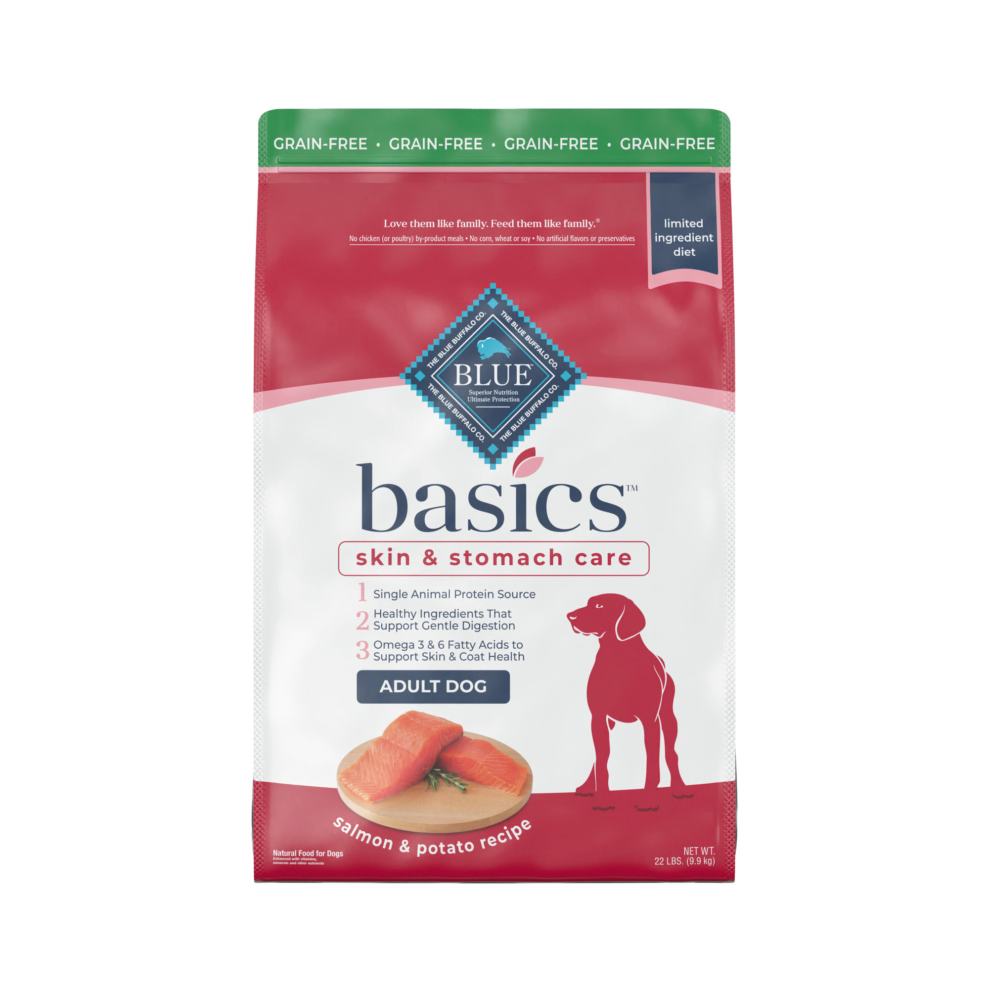 BLUE BUFFALO Blue Basics Skin amp; Stomach Care Natural Adult Grain Free Salmon amp; Potato Dry Dog Food， 22 lbs.