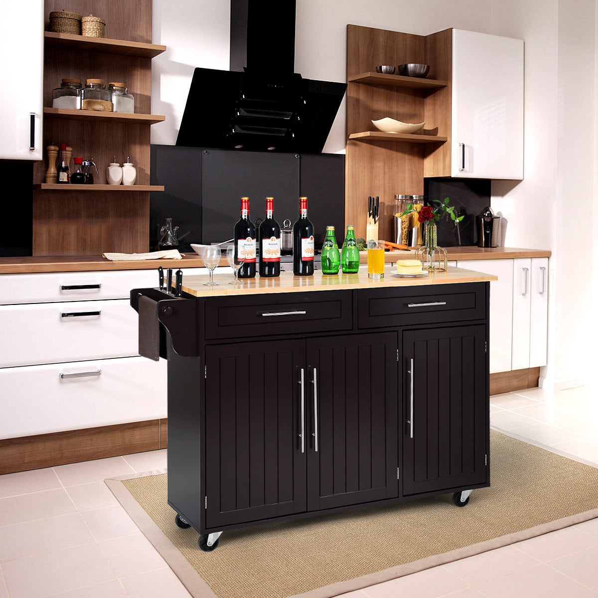 Costway Kitchen Island Trolley Cart Wood Brown Top Rolling Storage Cabinet W/Knife Block WhiteBrown