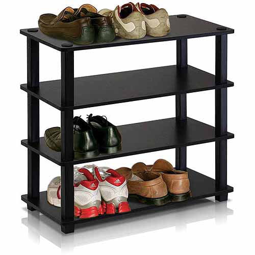 Furinno 4-Tier Turn-S-Tube No-tools Durable Shoe Rack, Plastic and Wood, Red and Black