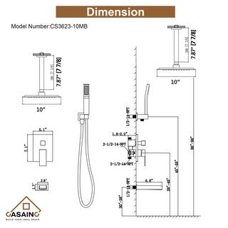 CASAINC 3-Function 10 in.Ceiling-Mounted Shower System with Waterfall Tub Filler in Matte Black CS3623-10MB