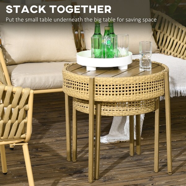 2 Piece Wicker Patio Table Set，PE Rattan End Table Set，Outdoor Round Coffee Table Set，MultiFunctional，Slatted Metal Top