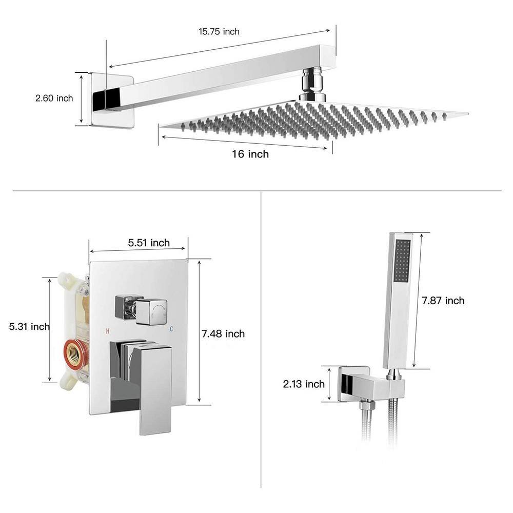 FORCLOVER 2-Spray Patterns with 2.5 GPM 16 in. Wall Mount Dual Shower Heads Square High Pressure Spot in Chrome (Valve Included) FRIMFYTS2CH