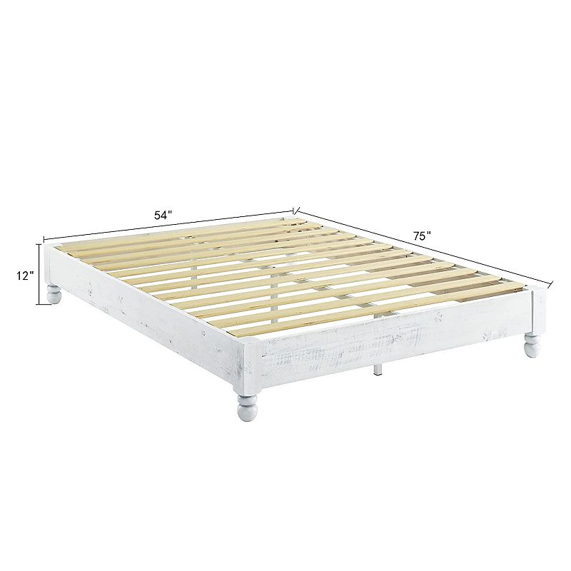 MUSEHOMEINC Solid Pine Wood 12 Slat Platform Rustic Bed Frame， Whitewashed， Full