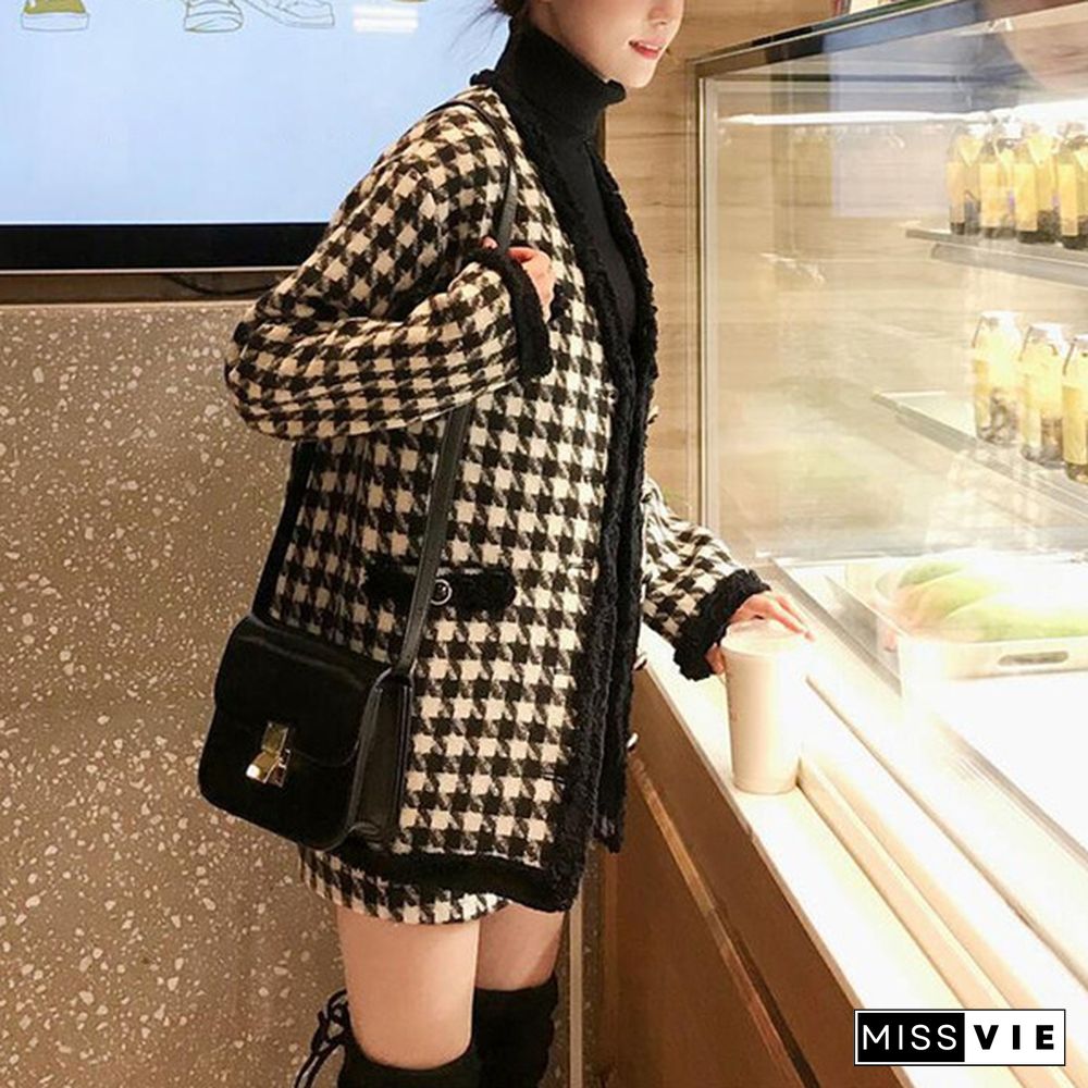 Houndstooth Vintage Two Piece Sets Outfits Women Autumn Cardigan Tops And Mini Skirt Suits Elegant Ladies Fashion 2 Piece Sets