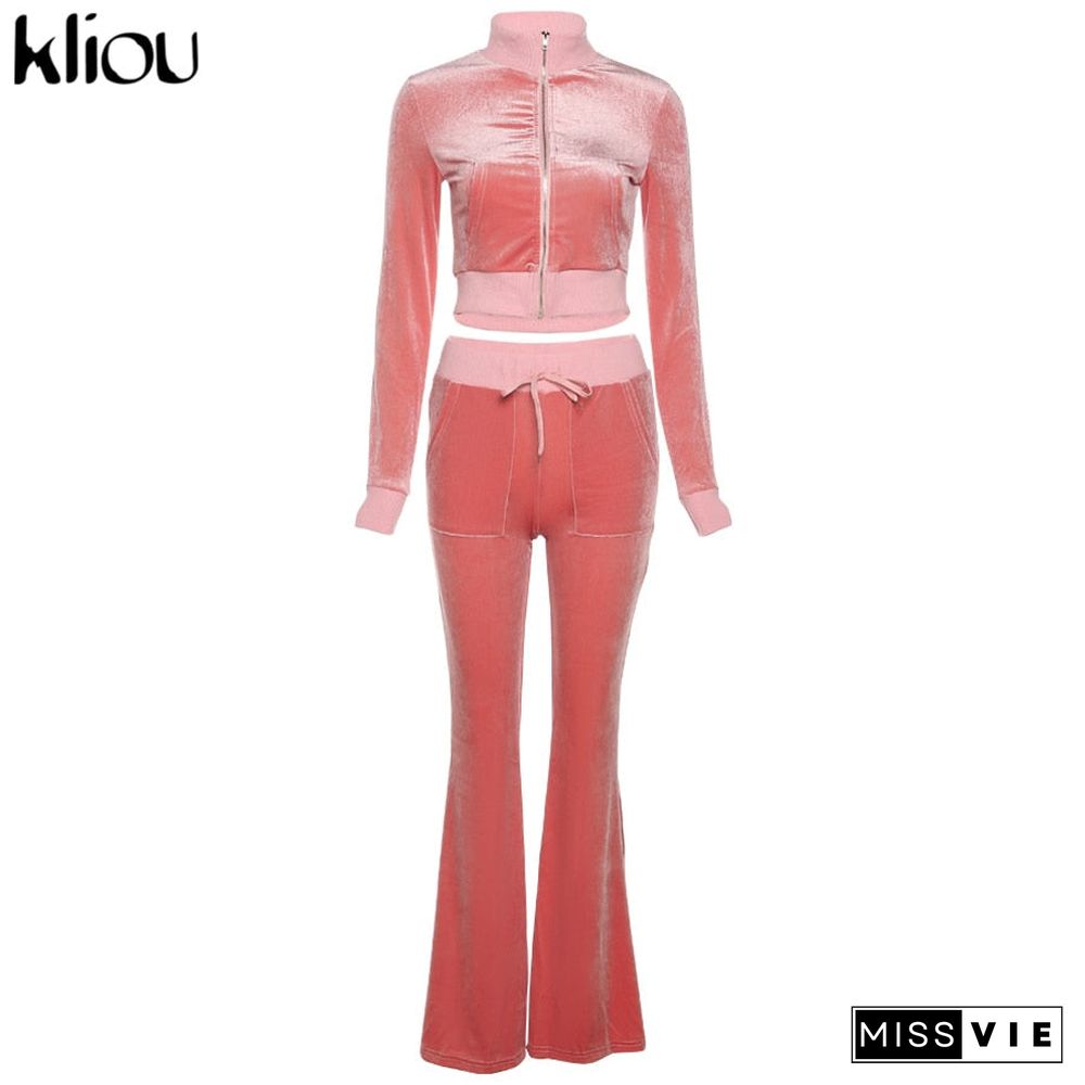 Kliou Solid Velour Two Piece Set Women Simple Casual Zipper Long Sleeve Turtleneck Top+Bandage Lace Slim Female Wide Leg Pants