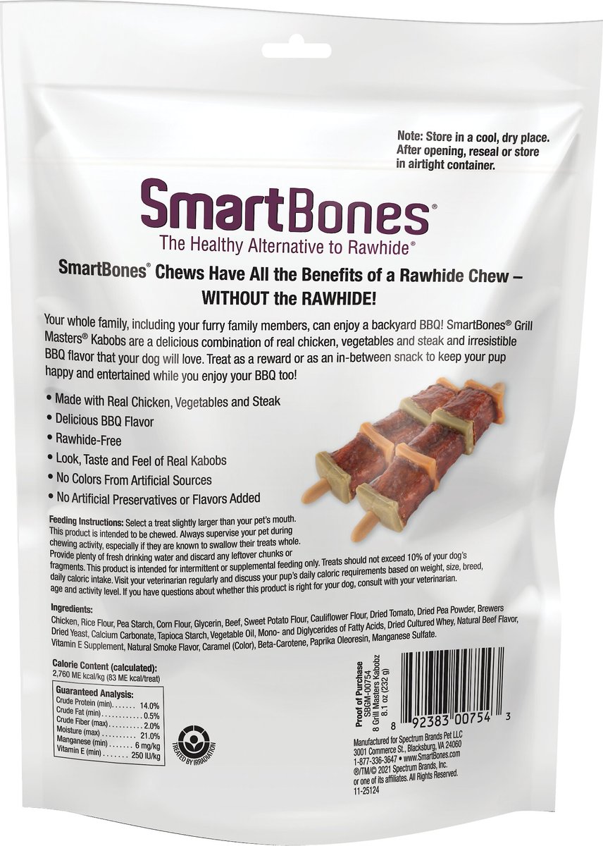 SmartBones Grill Masters Kabobz Chicken and Vegetables Dog Treats， 8 count