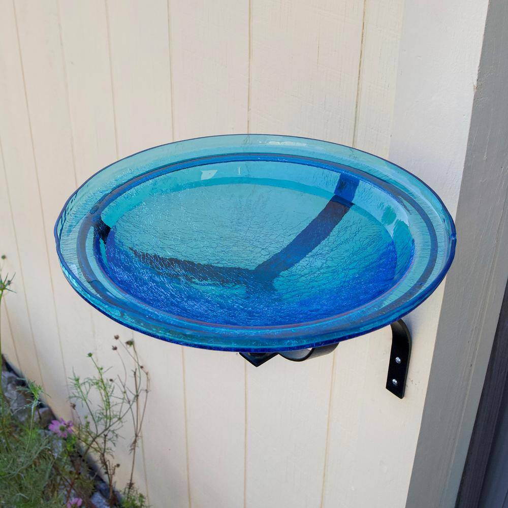 ACHLA DESIGNS 12.5 in. Dia Teal Blue Reflective Crackle Glass Birdbath Bowl with Wall Mount Bracket CGB-07T-WM