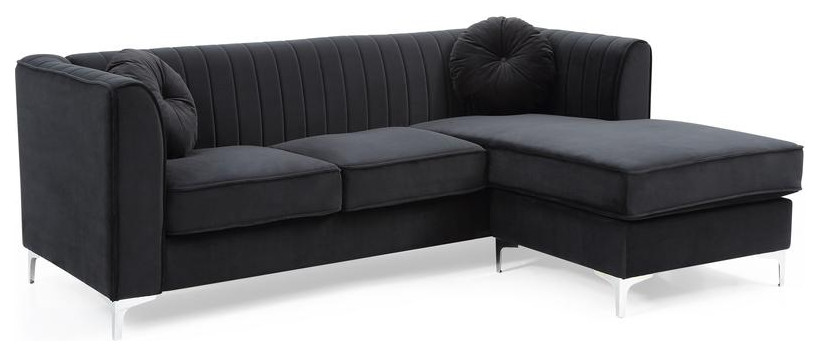 Delray 87 in. Black Velvet L Shape 3 Seater Sectional Sofa with 2 Throw Pillow   Midcentury   Sectional Sofas   by BisonOffice  Houzz