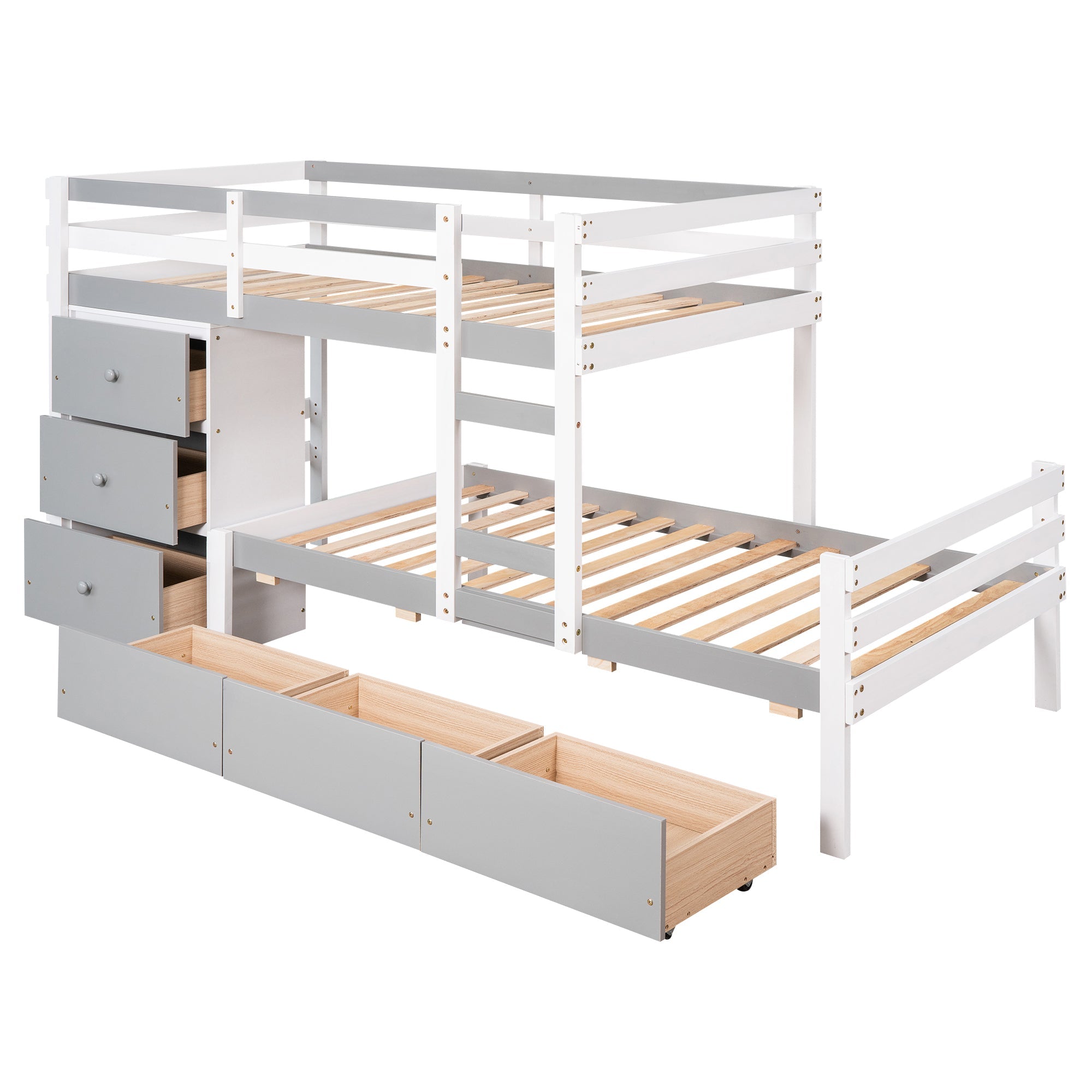 Twin over Twin Bunk Bed with Six Drawers for Kids Room, Gray