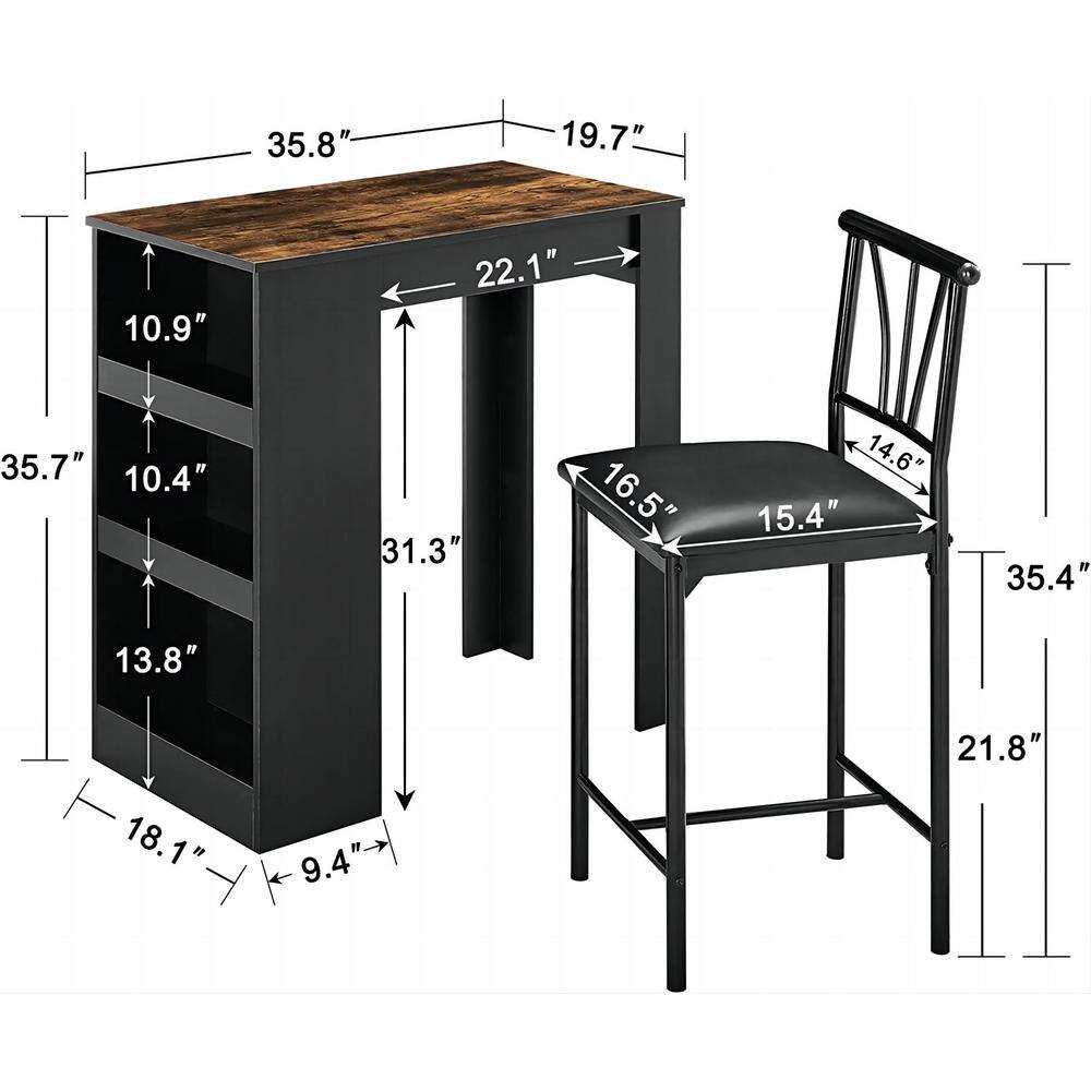 VECELO Small Bar Table and Chairs Dining Set for 2 Storage Shelves Space-Saving Retro Dinning Set KHD-DTS02-BRN