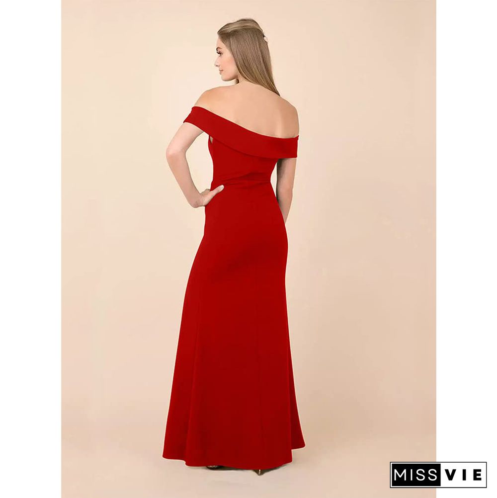 Elegant Slash Neck High Split Floor Length Evening Dress