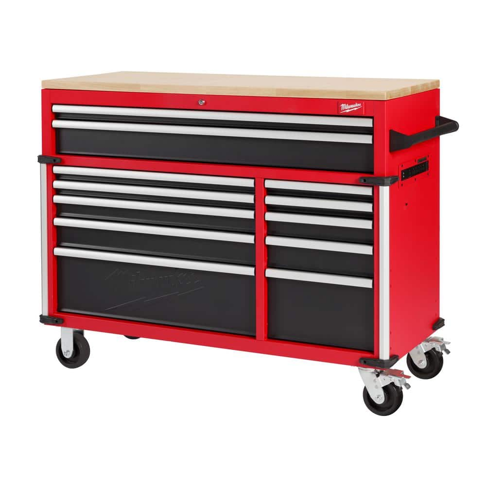 MW 52 in. W x 22 in. D 12 Drawer Heavy Duty Mobile Workbench Cabinet in Red 