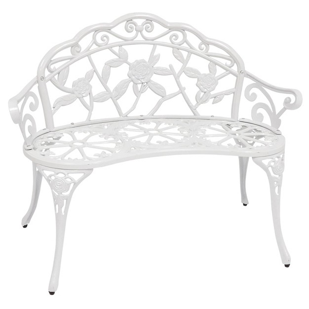 Sunnydaze 2 person Classic Rose Design Cast Aluminum Outdoor Garden Bench White