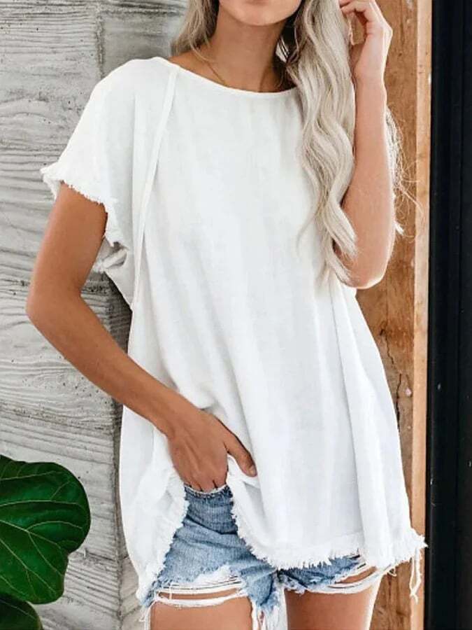 Casual Short Sleeve Solid Color Fringe Top