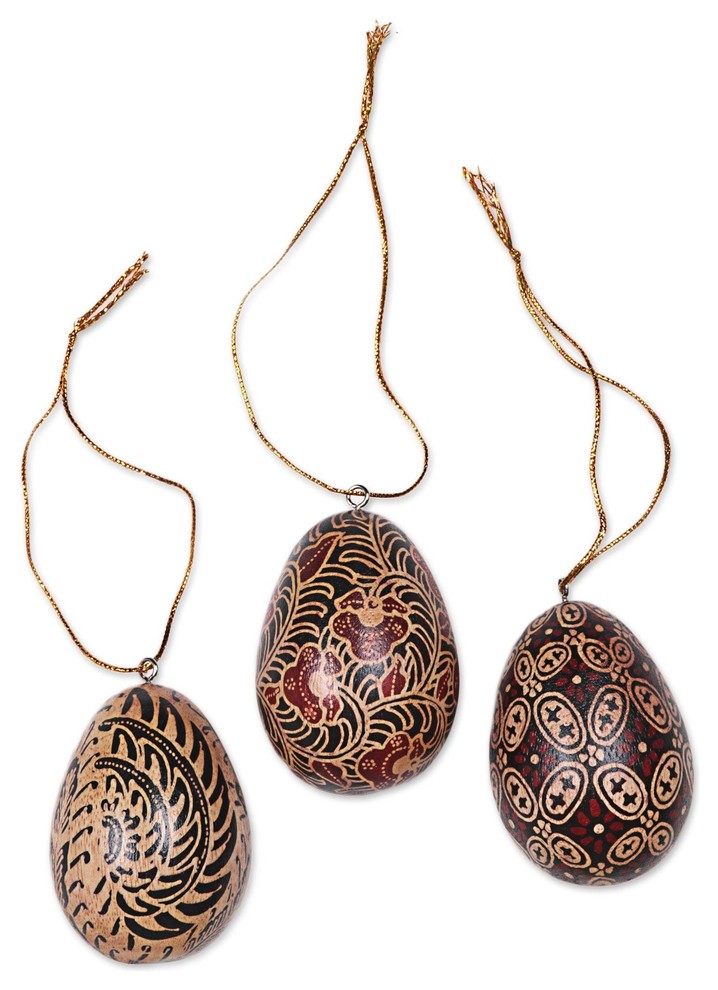 3 Piece Novica Kawung Eggs Batik Wood Ornaments   Contemporary   Christmas Ornaments   by NOVICA  Houzz