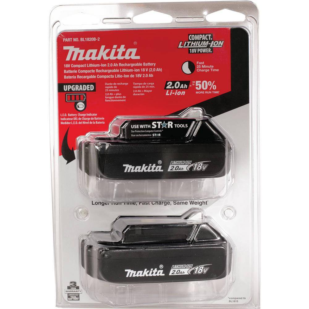 Makita 18V LXT Lithium-Ion Compact Battery Pack 2.0Ah with Fuel Gauge (2-Pack) BL1820B-2