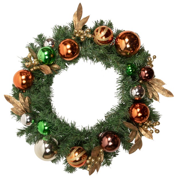 Unlit Green Foliage And Copper Ornaments Christmas Wreath