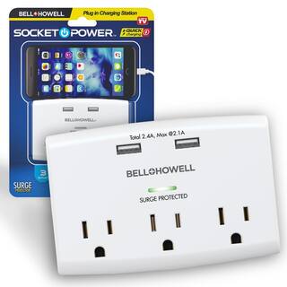 Bell + Howell Socket Power 3 Power-Outlets2 USB Ports Surge Protection Wall Adapter Tap with Docking Shelf 8531