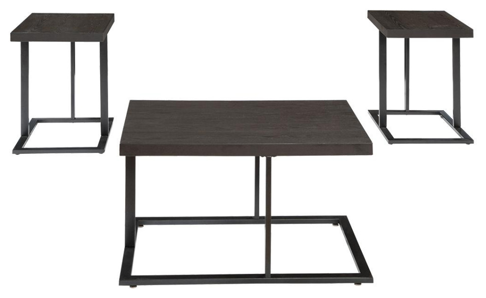 Metal Base Table Set With Floating Wooden Top Set Of Three Black  Saltoro   Industrial   Coffee Table Sets  Houzz