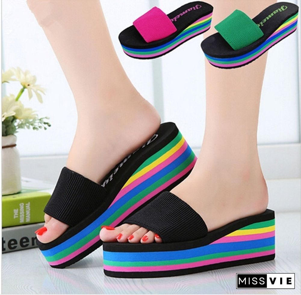 Women Fashion Summer High Heels Sandals Rainbow Non-Slip Thick Soled Slippers Ladies Platform Wedge Beach Slippers