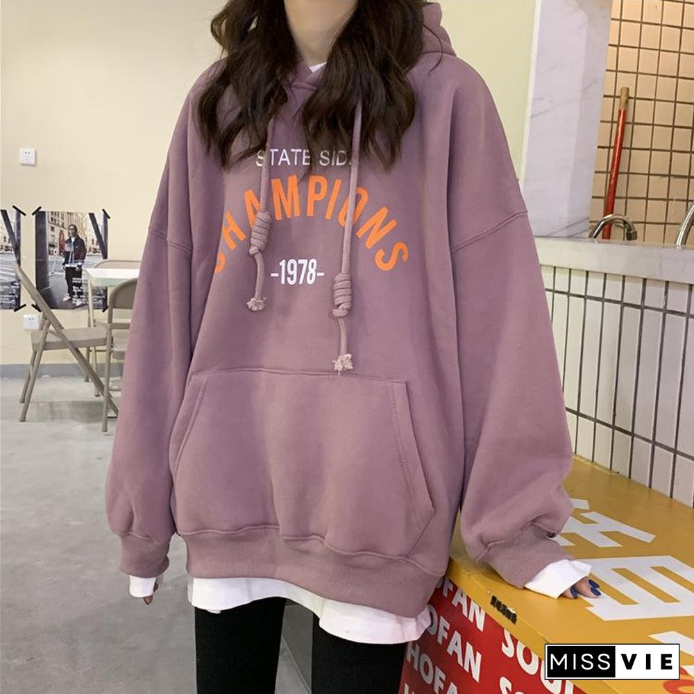 Hoodies Women New Loose Korean Student Blouse Harajuku Style Printing Plus Cashmere Hooded Woman Clothes Ladies Pullovers