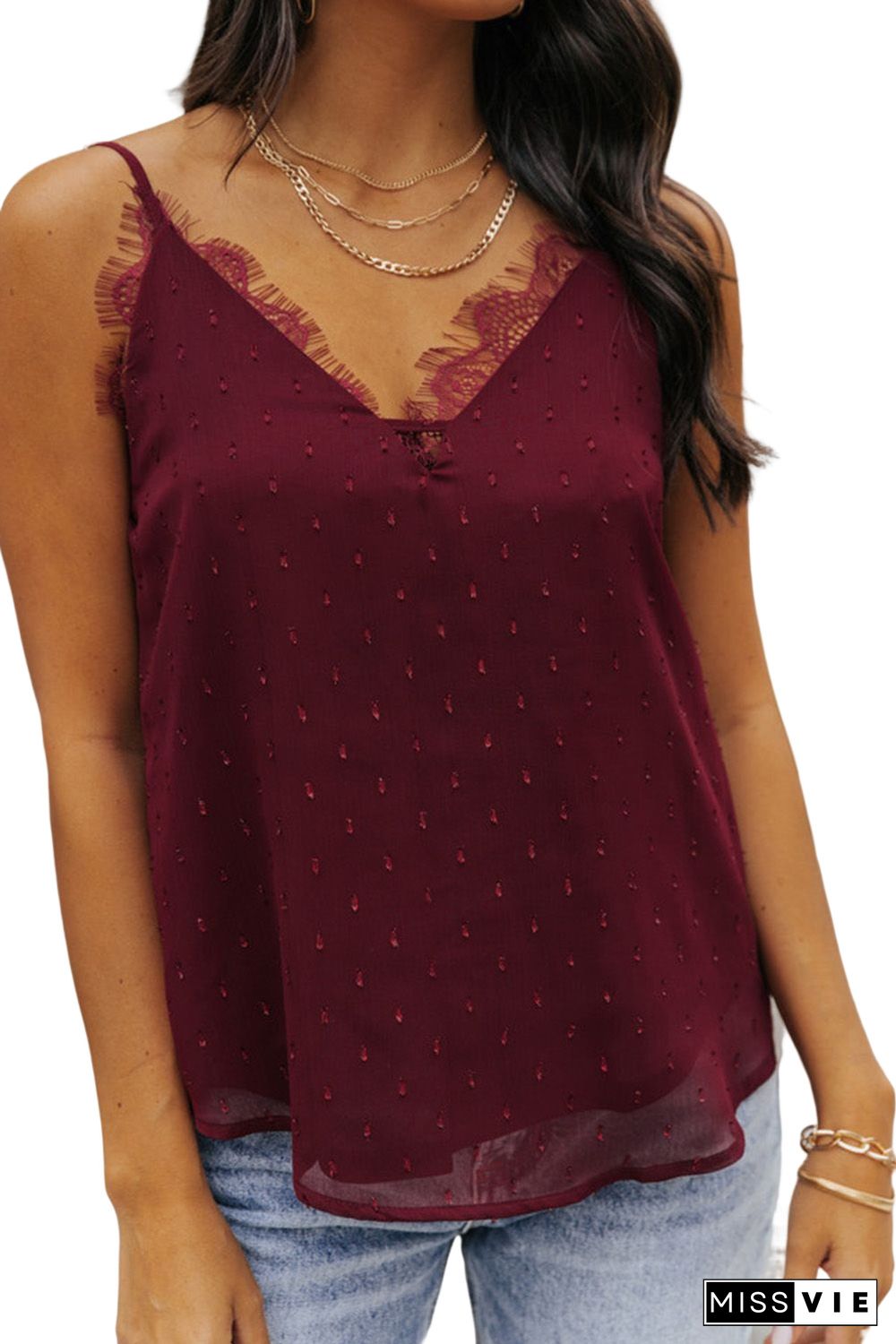 Red Eyelash Lace Trim Textured Cami Top