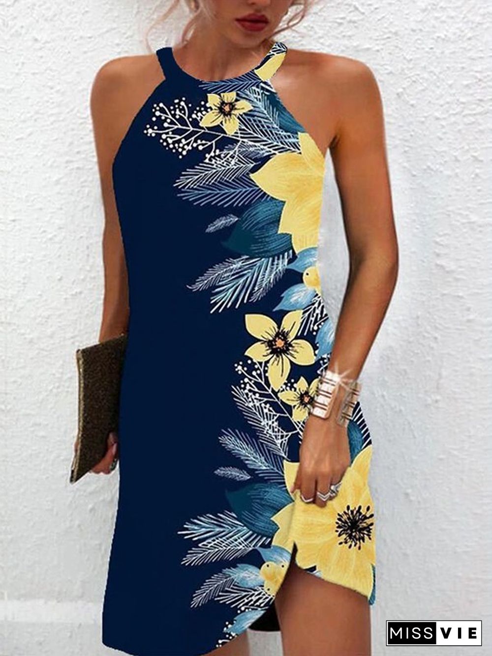 Halter Floral Casual Sleeveless Knitting Dresses