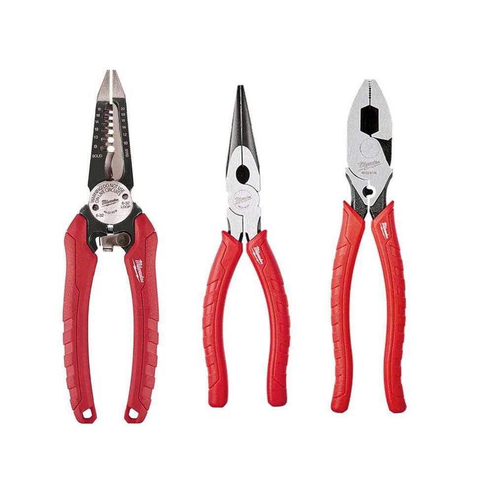 MW 7.75 in. Combination 6-in-1 Wire Strippers Pliers with Lineman's Pliers with Crimper and Long Nose Pliers Set (3-Piece) 48-22-3079-48-22-6100-48-22-6101