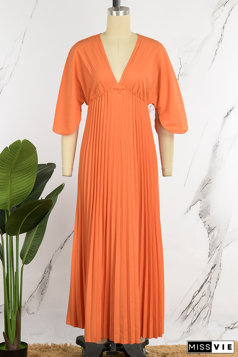 Orange Casual Solid Patchwork V Neck Pleated Dresses