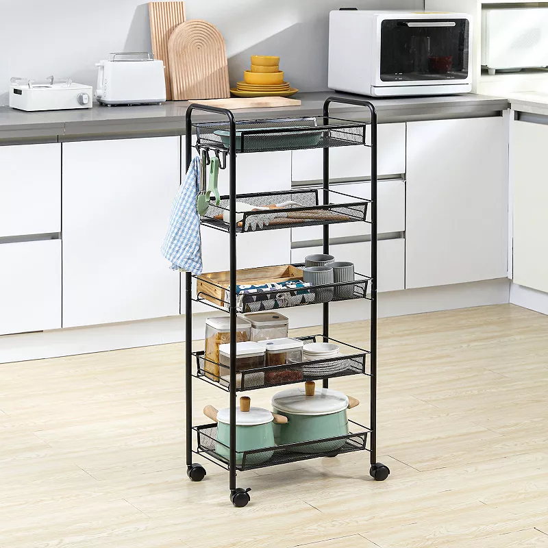 HOMCOM 5 Tier Utility Rolling Cart， Metal Storage Cart， Kitchen Cart with Removable Mesh Baskets， for Living Room， Laundry， Garage and Bathroom， Black