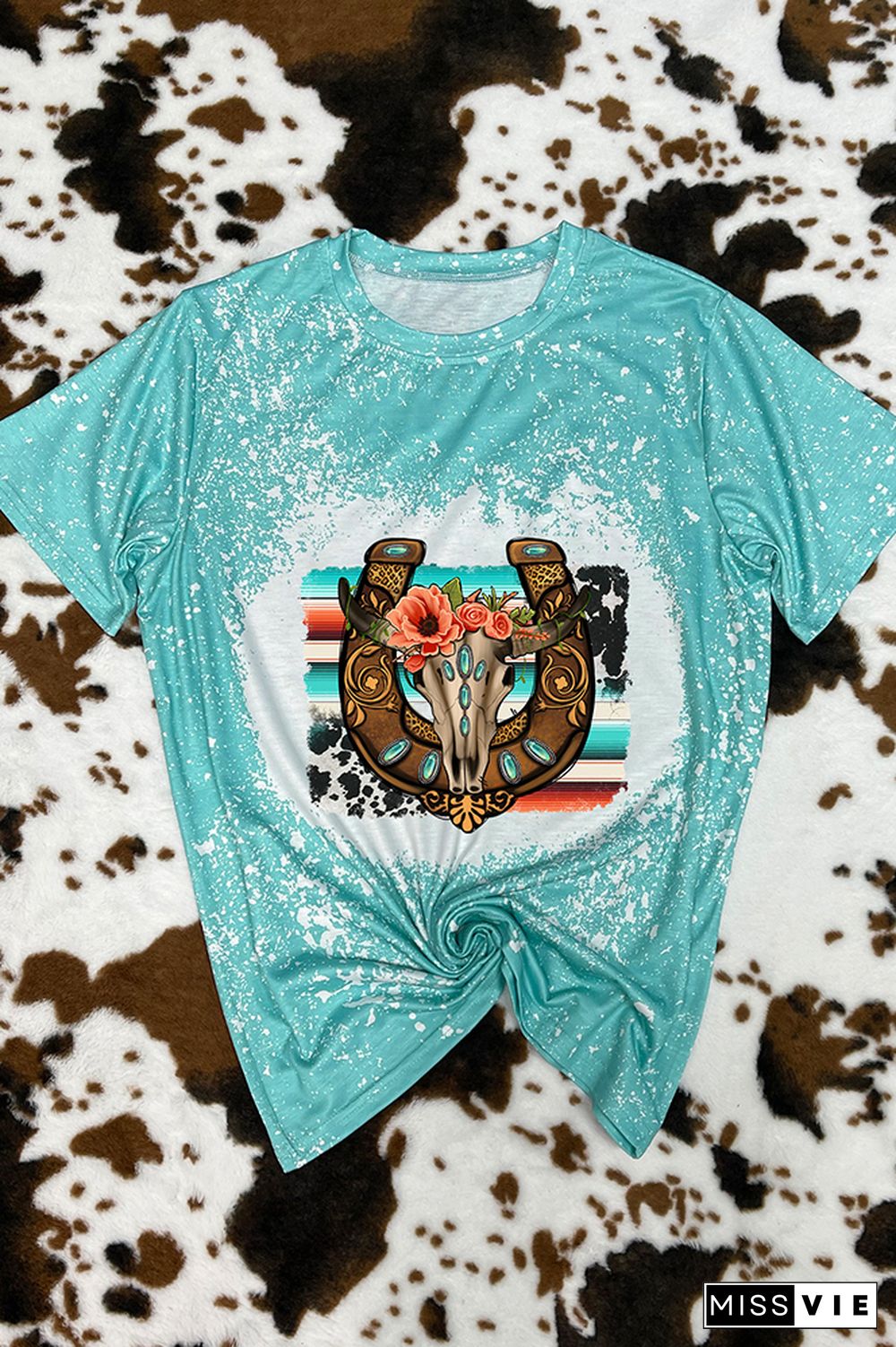 Horseshoe Floral Bull Skull Gemstone, Western Horseshoe Graphic Tee Wholesale