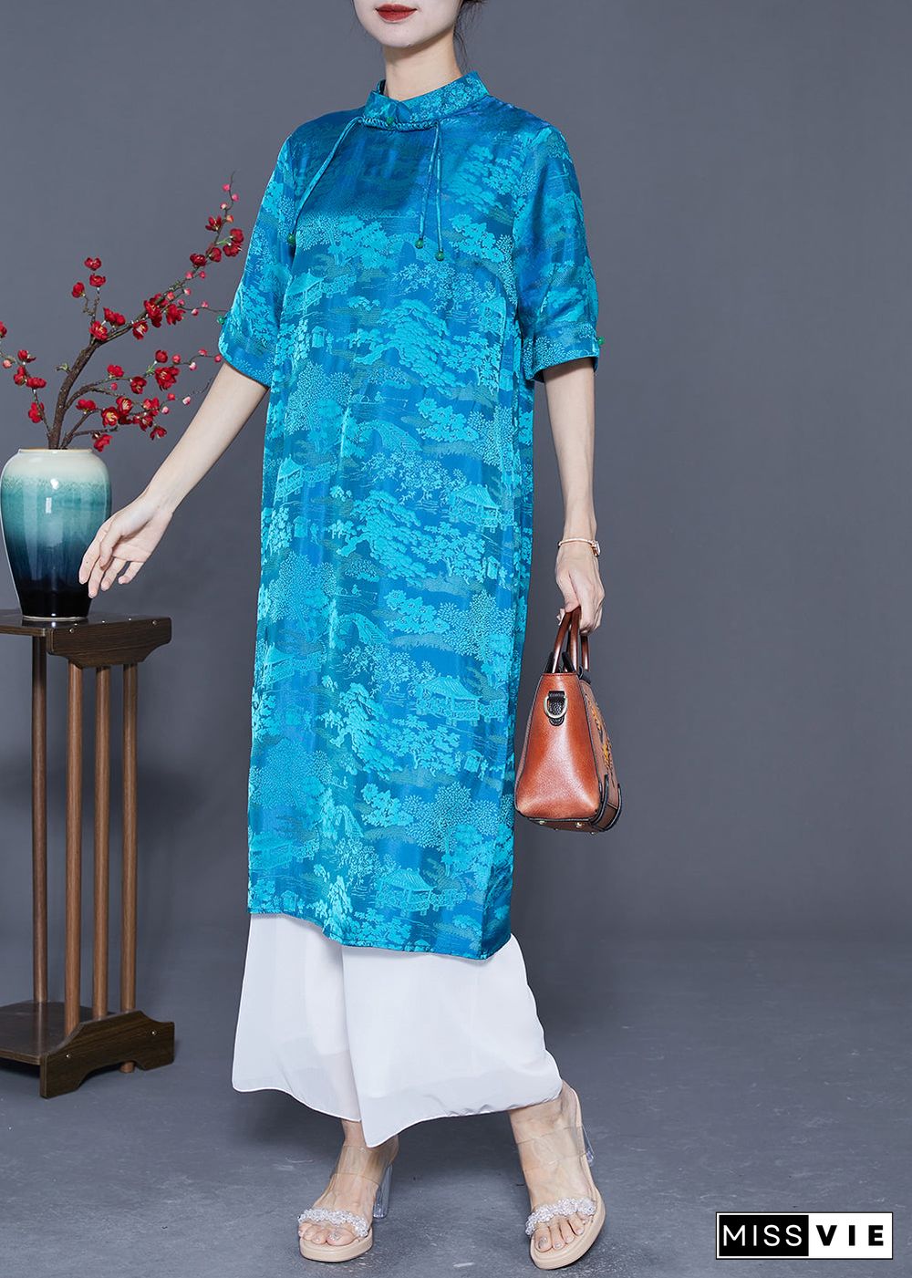 Boho Blue Mandarin Collar Print Tassel Silk Robe Dresses Summer